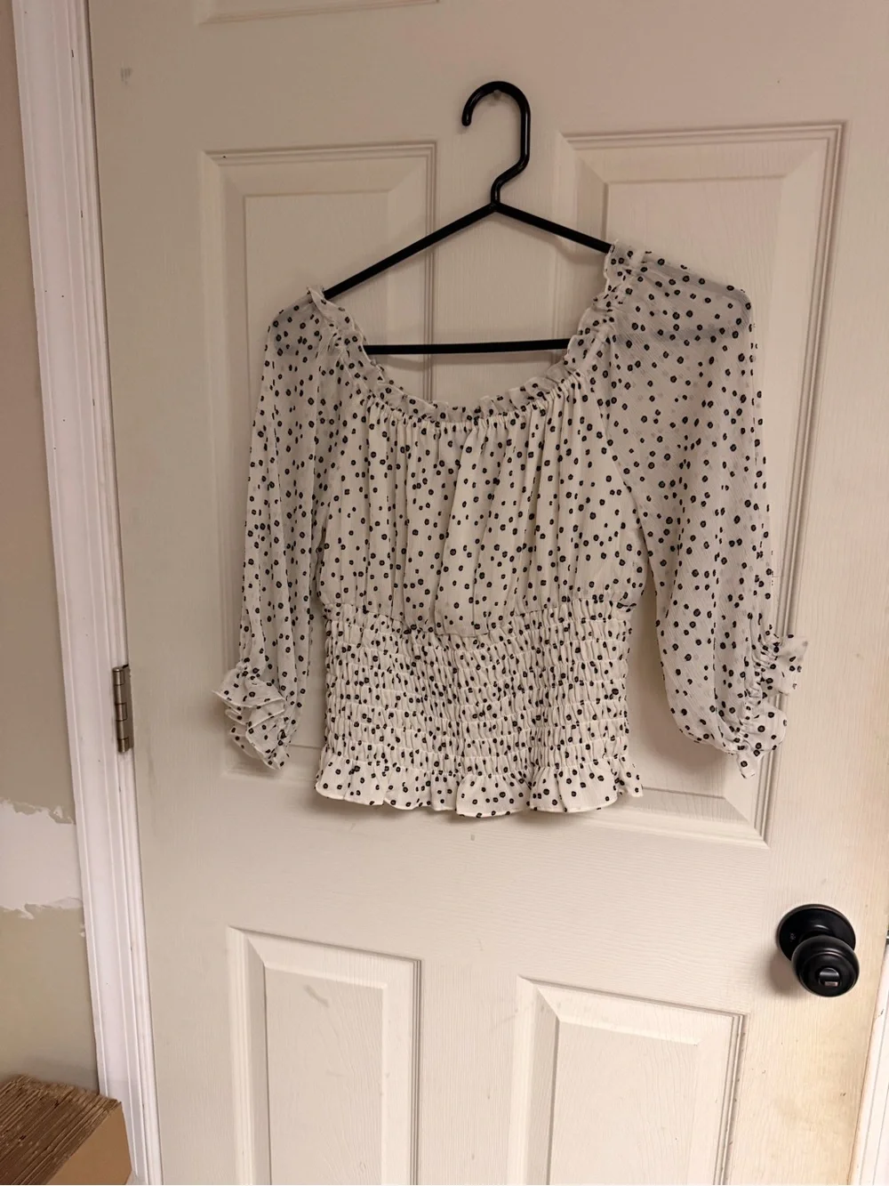 Anthropologie Cream and Black Polka Dot Smocked-Waist Blouse